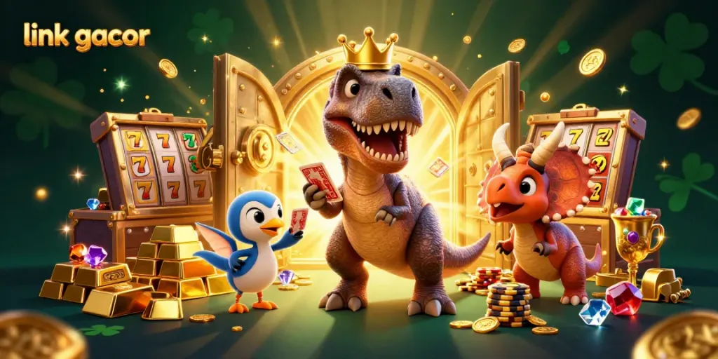 Experience the excitement of link gacor with a lively casino scene featuring cartoon dinosaurs and slot elements.