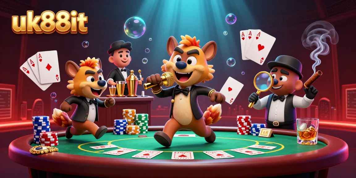 Engage in thrilling gaming at uk88it with cartoon hyenas in a vibrant casino setting.
