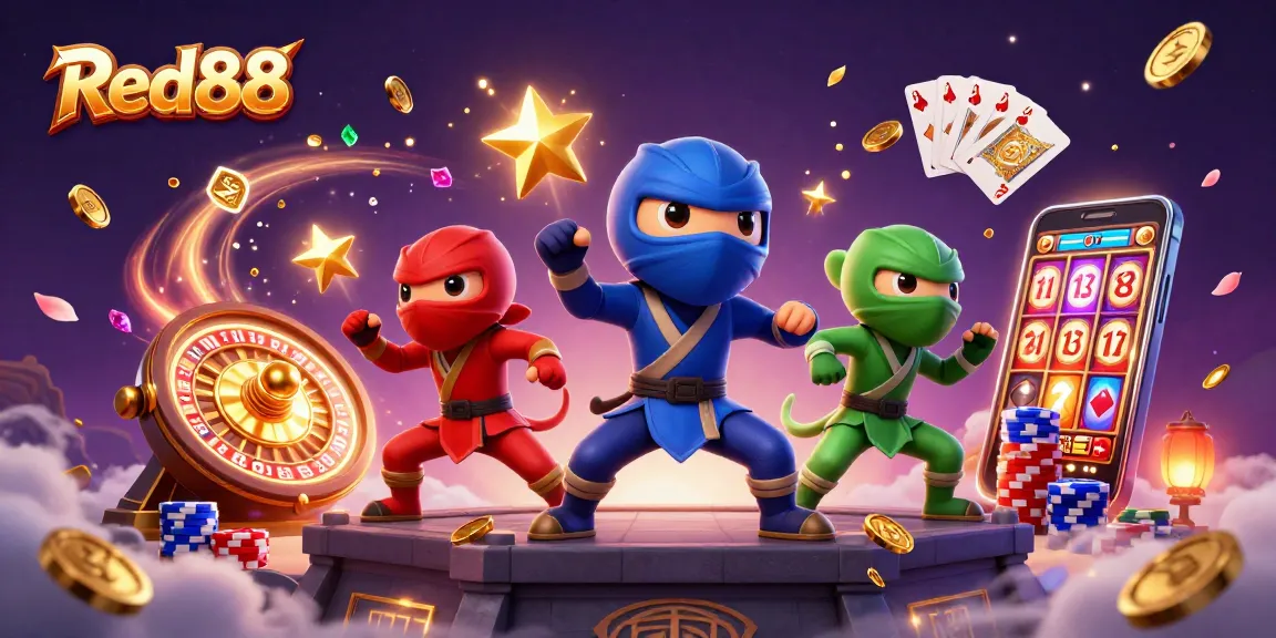 Red88 ninja chameleons showcase martial arts amid casino elements, symbolizing winning strategies.