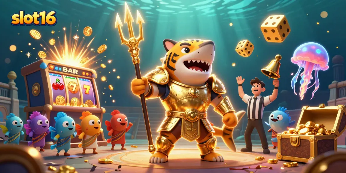 Experience slot16 thrills with a tiger shark gladiator, jackpot symbols, and underwater excitement.
