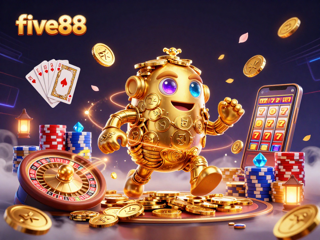 Engage with five88's exciting jackpot chances through an animated casino scene featuring a dynamic golden golem.
