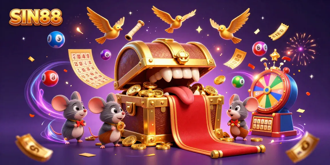 Win big with SIN88 in a lively lottery scene featuring treasures and dynamic game elements.