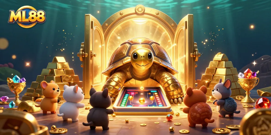 Play exciting games at ML88 with a golden tortoise pinball machine surrounded by treasures and gems.