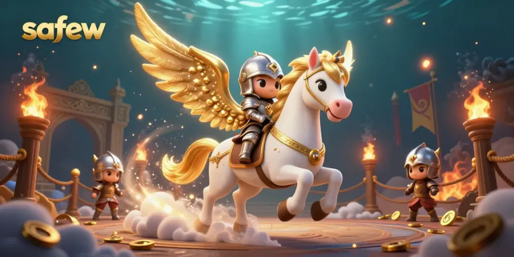 Experience safew's secure communication with a celestial horse and knight in a vibrant, action-packed scene.