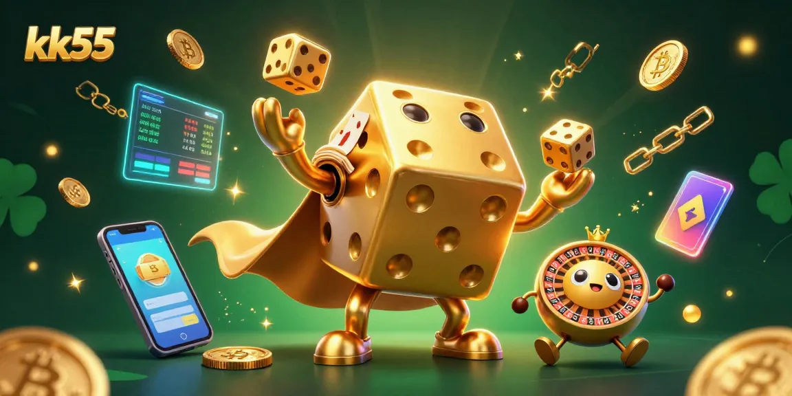 kk55 offers thrilling gaming with golden dice and crypto coins in a vibrant casino illustration.