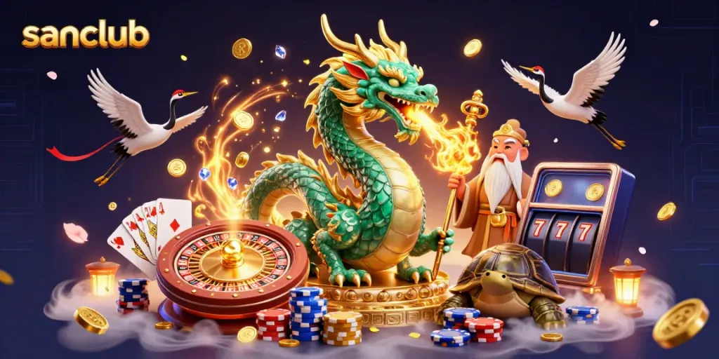 Engage in the thrill of sanclub with jade dragon, lucky cranes, and vibrant casino elements.