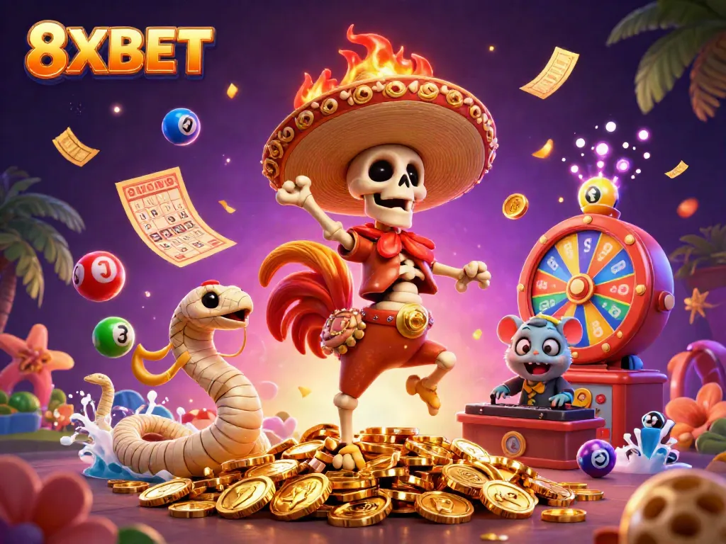 Engaging 8XBET themed illustration showcasing festive gaming characters amidst a vibrant casino atmosphere.