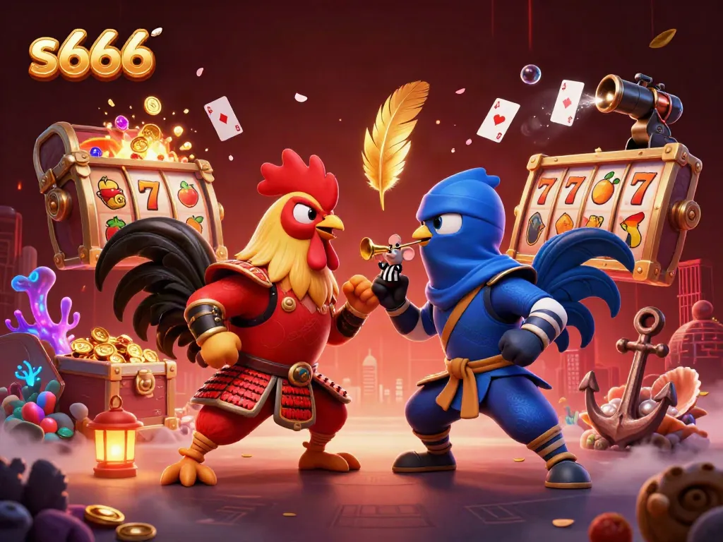 Experience thrilling battles at s666 with cartoon roosters and rich casino elements.