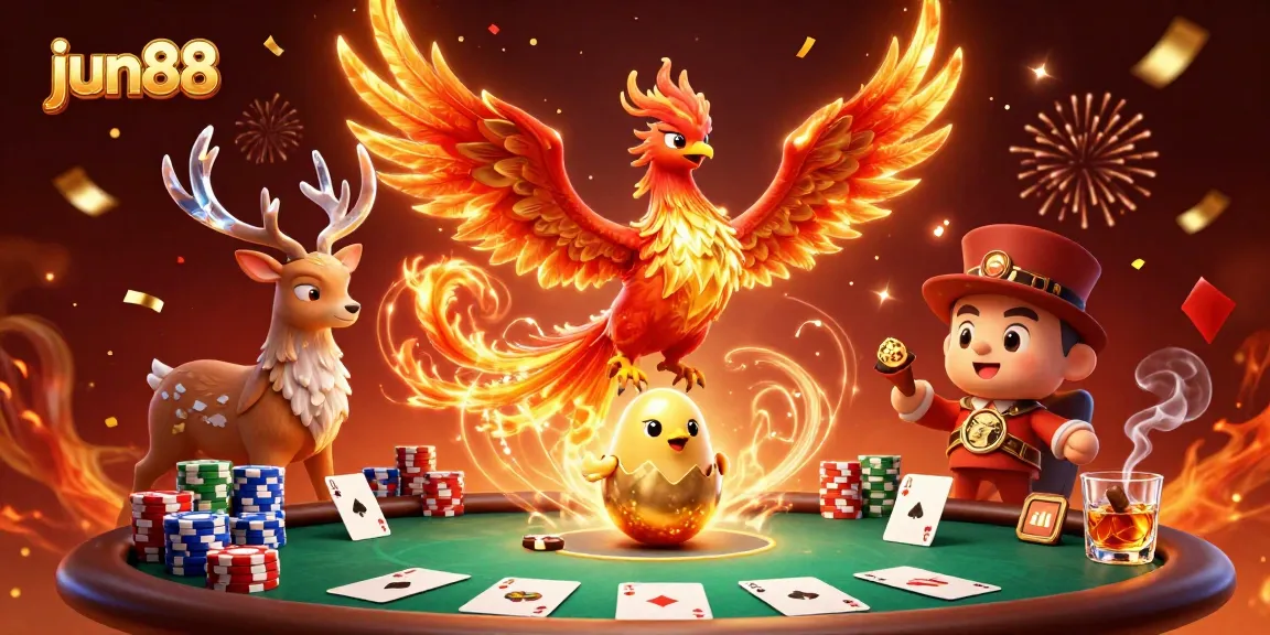 Experience thrilling poker action at jun88 with dazzling phoenix characters amidst vibrant casino elements.