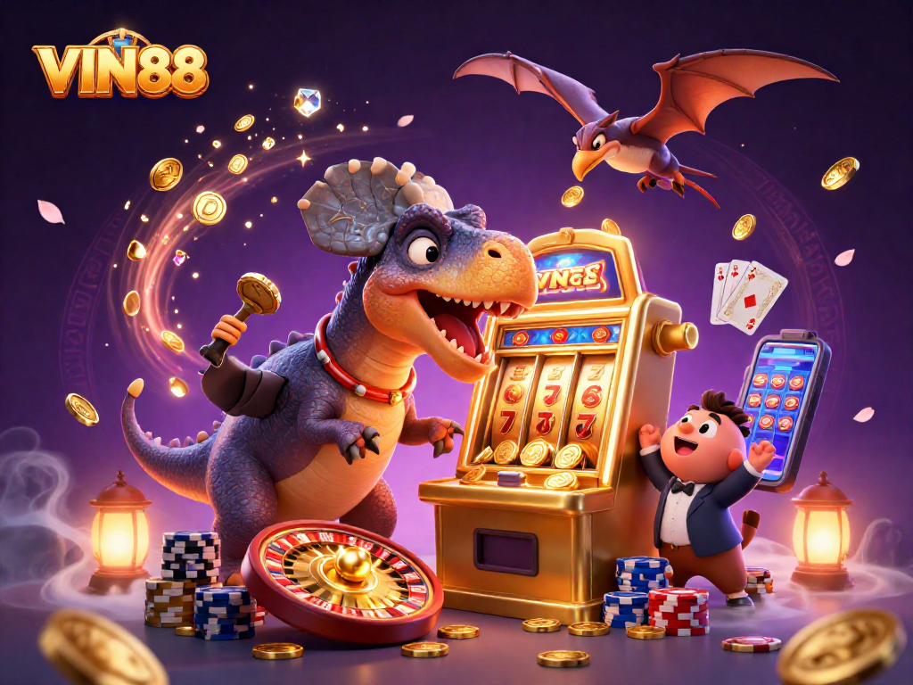 Activate wins with VIN88 by seeing a pachycephalosaurus jackpot headbutt a golden slot machine!