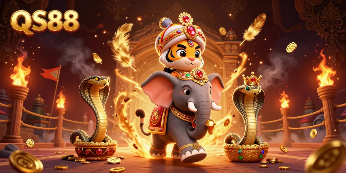 Experience the thrill of QS88's vibrant casino world, featuring dynamic tiger, elephant, and golden treasures.