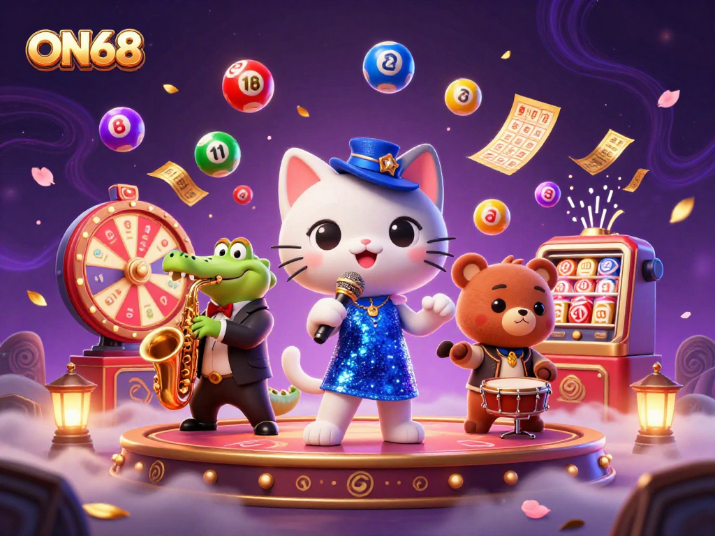 Experience ON68's exciting casino games with a vibrant scene featuring lively characters, colorful lottery elements, and a dazzling atmosphere.