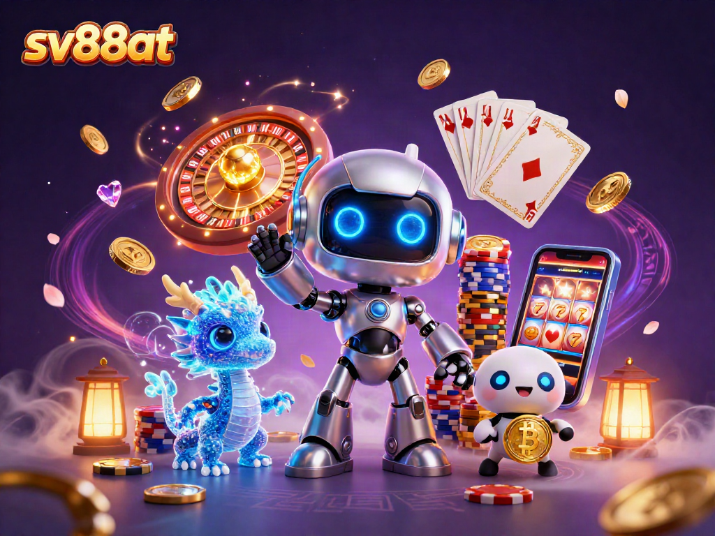 Experience thrilling gameplay with sv88at's vibrant 3D casino illustration featuring dynamic characters and iconic gaming elements.