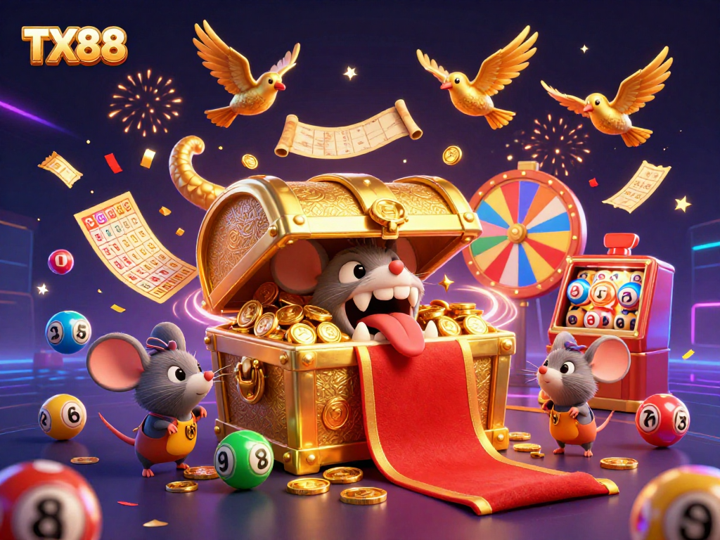 Experience thrilling gameplay with TX88 as treasure chest mimic beckons players in a lively casino scene.