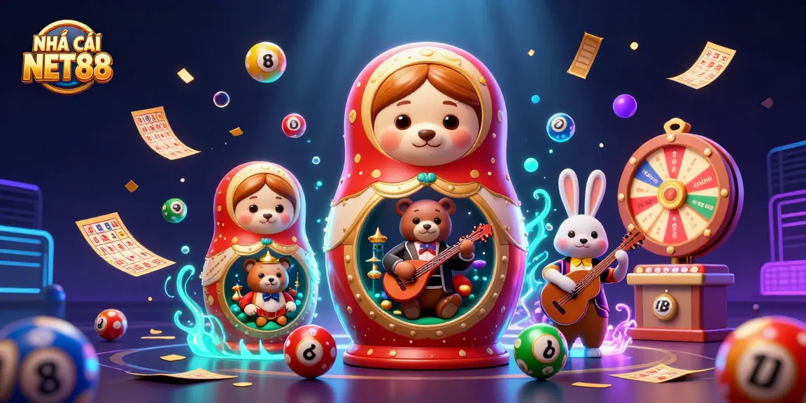Experience NHÀ CÁI NET88 with vibrant casino elements and characters celebrating gaming excitement.