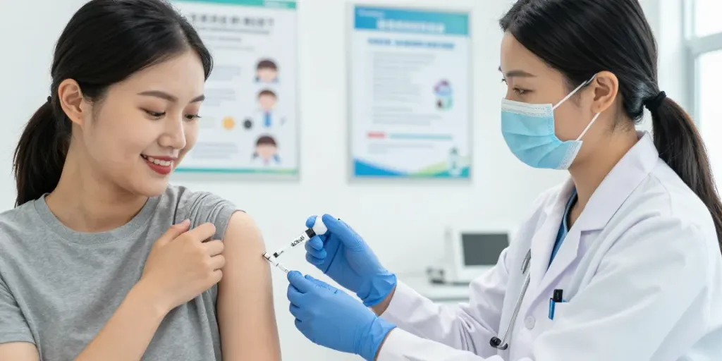 Shingrix vaccinatie in moderne kliniek met zorgprofessional en blije patiënt.