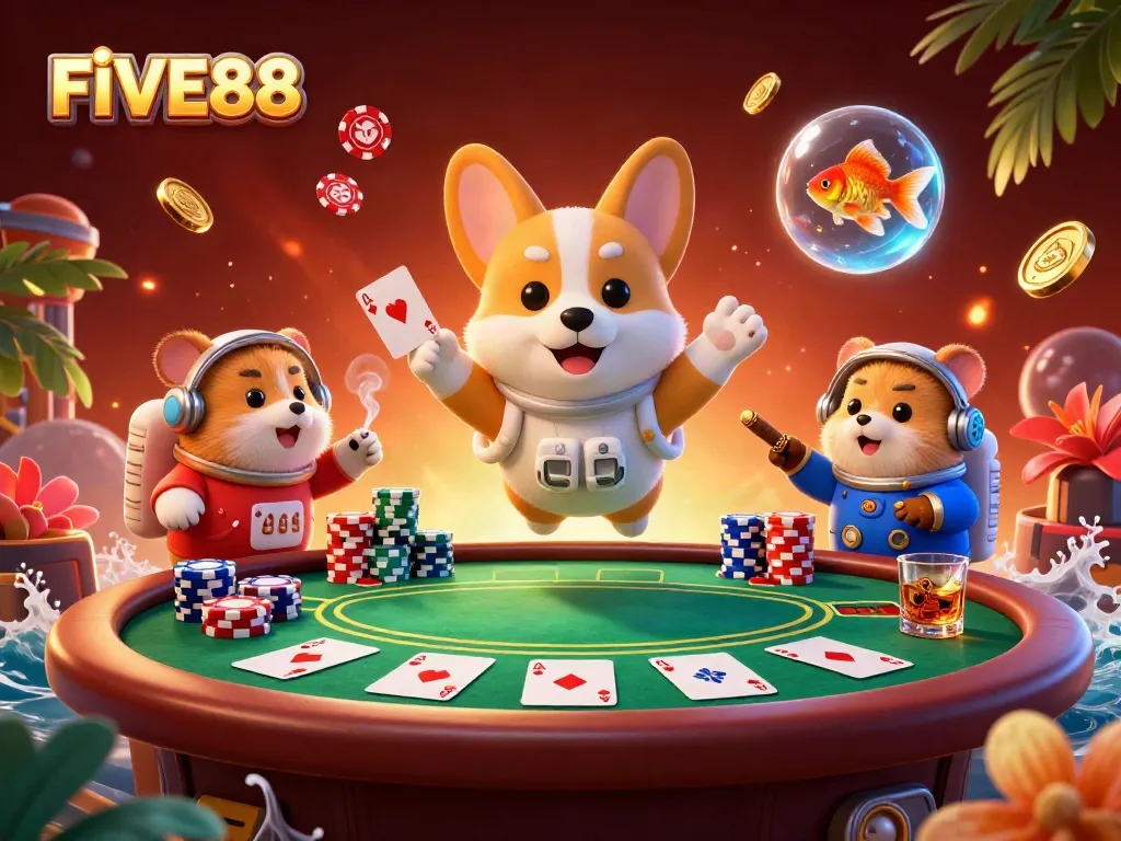 FIVE88 offers vibrant gaming experience with a dynamic scene of an astronaut corgi in a space casino.