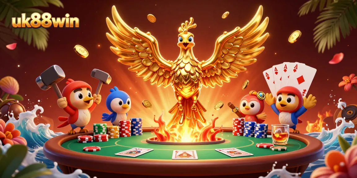 uk88win showcases a molten golden phoenix rising amidst dynamic poker elements, embodying casino excitement.