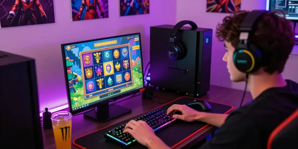 Pengalaman bermain slot88 yang menarik di ruang game modern dengan gamer fokus pada layar.