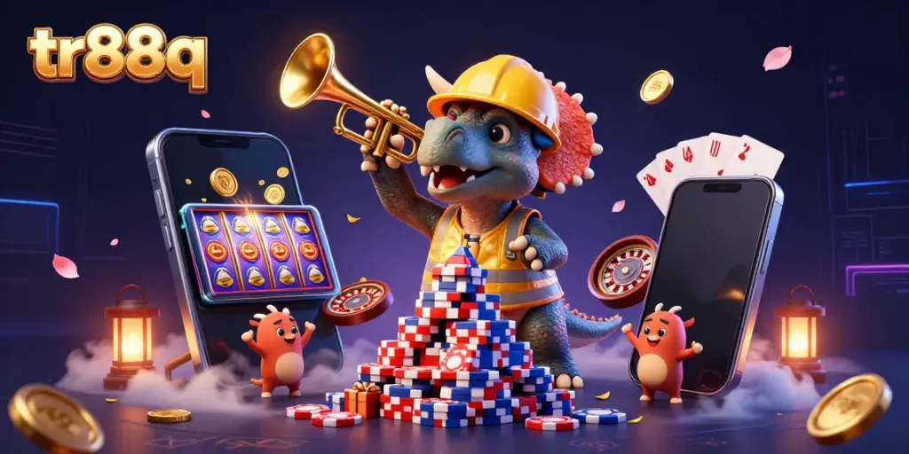 Experience thrilling gaming with tr88q as cartoon dinosaurs celebrate with poker chips and slot games.