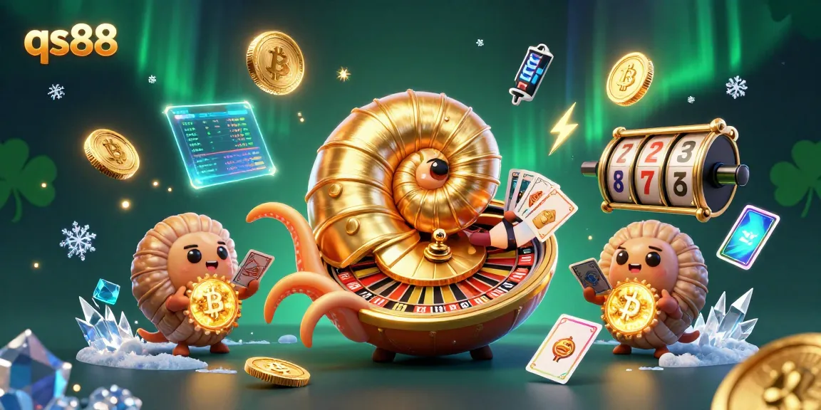 Join the qs88 casino experience with a vibrant 3D illustration of a giant nautilus roulette and glowing cryptocurrency elements.