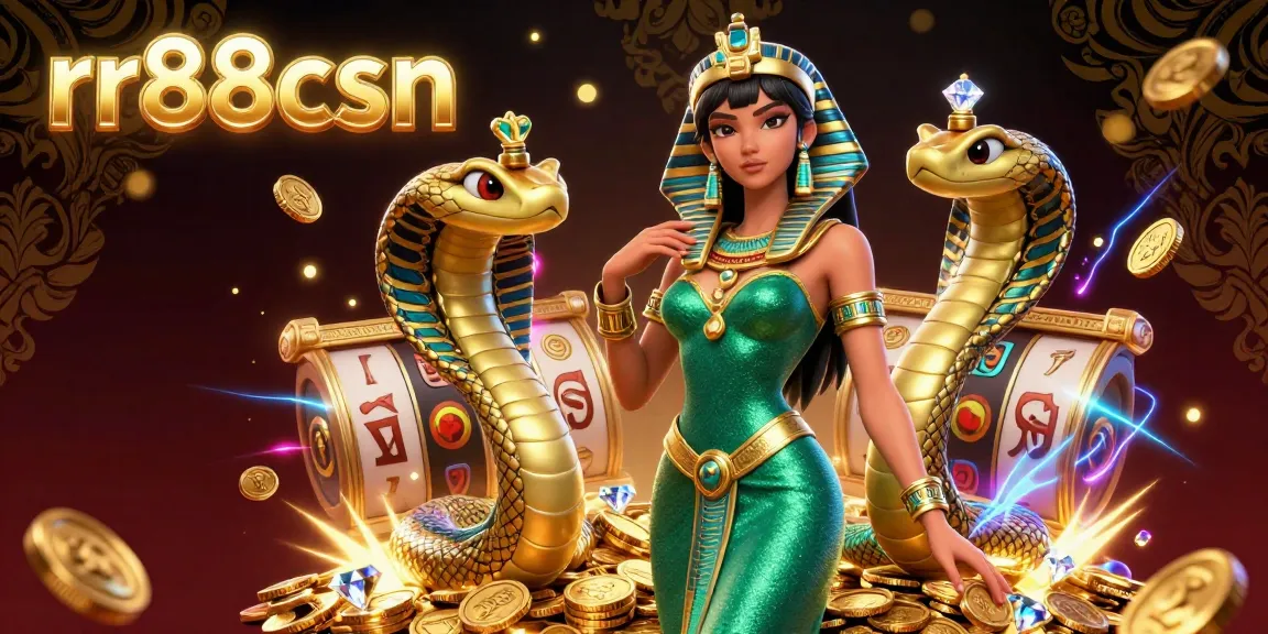 Experience thrilling gameplay at rr88csn with a vibrant 3D scene of a woman and golden cobra amidst casino elements.