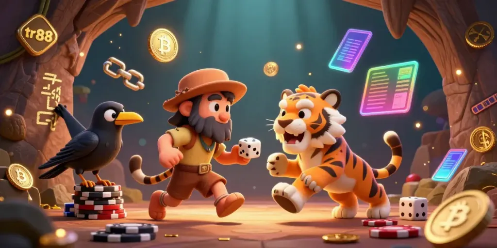 Experience the excitement of tr88 in a vibrant prehistoric casino with cartoon characters and crypto elements.
