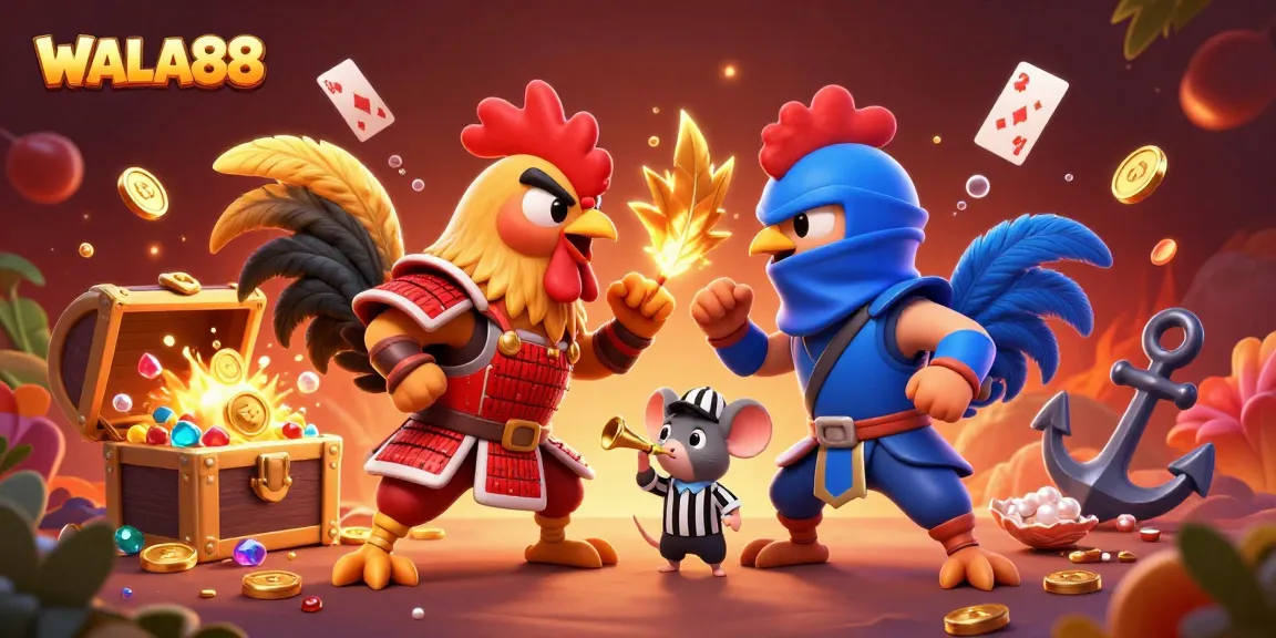 Experience high-stakes action with WALA88's dynamic rooster showdown amidst treasures in a vibrant setting.