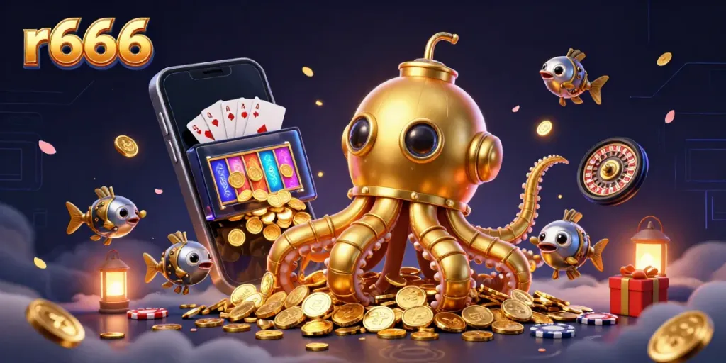 Engage with stunning r666 themed 3D illustration featuring a golden kraken submarine and casino elements.