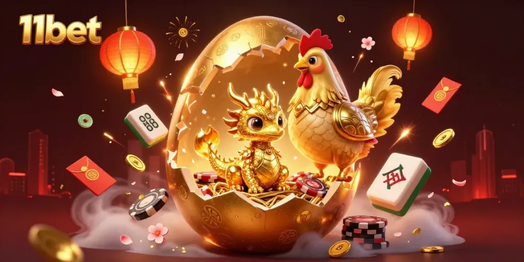 Engage with the dynamic ambiance of 11bet, showcasing a golden dragon amidst casino elements and festive decorations.