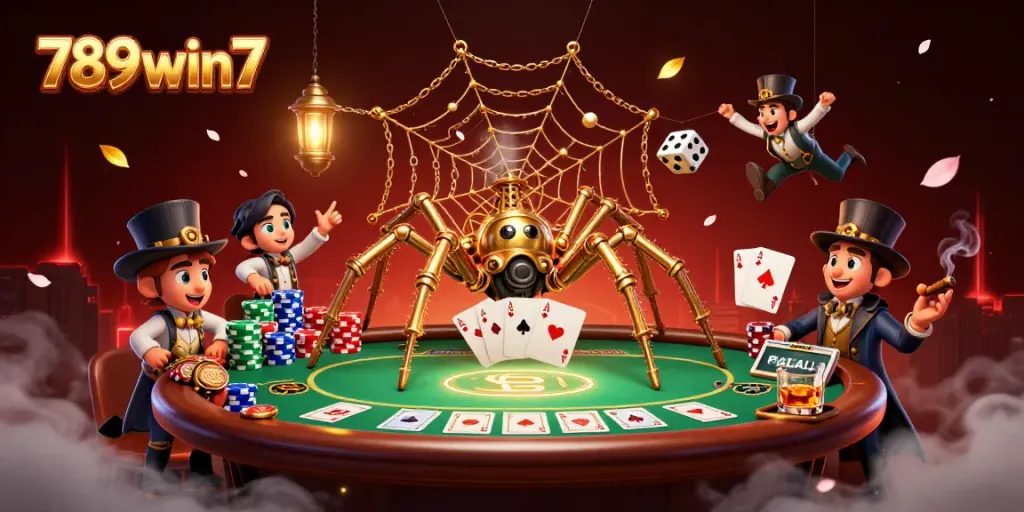Engage in thrilling games at 789win7 with a dynamic scene featuring a steampunk spider and poker elements.