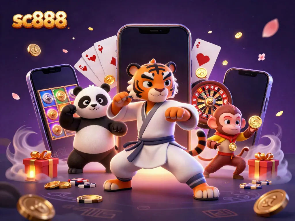 Immerse in sc888's thrilling casino scene with a kung fu tiger, panda disciple, and monkey stealing gold, featuring dynamic gaming elements.