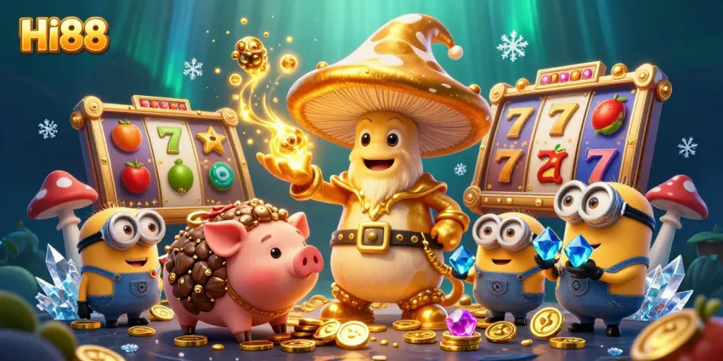 Experience excitement with the HI88 slot reels featuring gold coins and spinning jackpots in this vibrant casino scene.