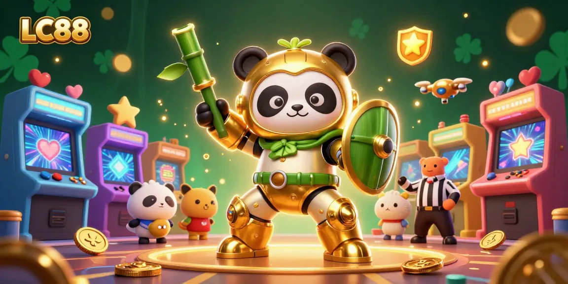 Engage in thrilling gameplay at LC88 with a vibrant casino arena featuring colorful game elements and cheering spectators.
