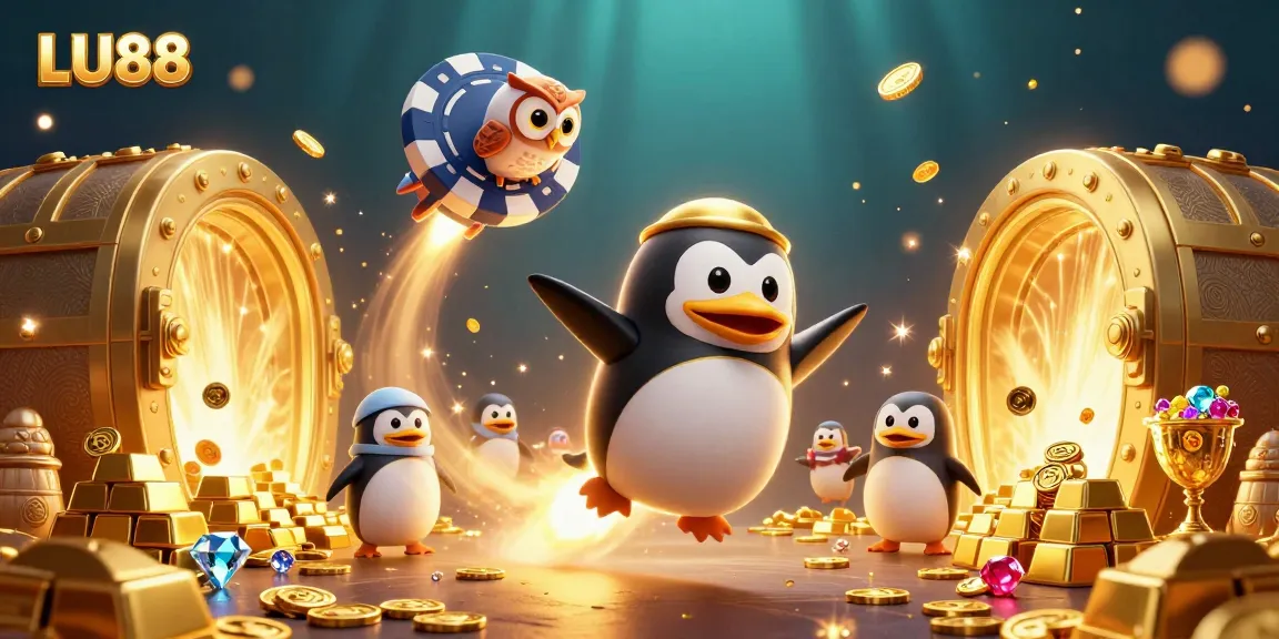 LU88 penguin blasts toward a poker chip casino in a sparkly treasure-filled scene