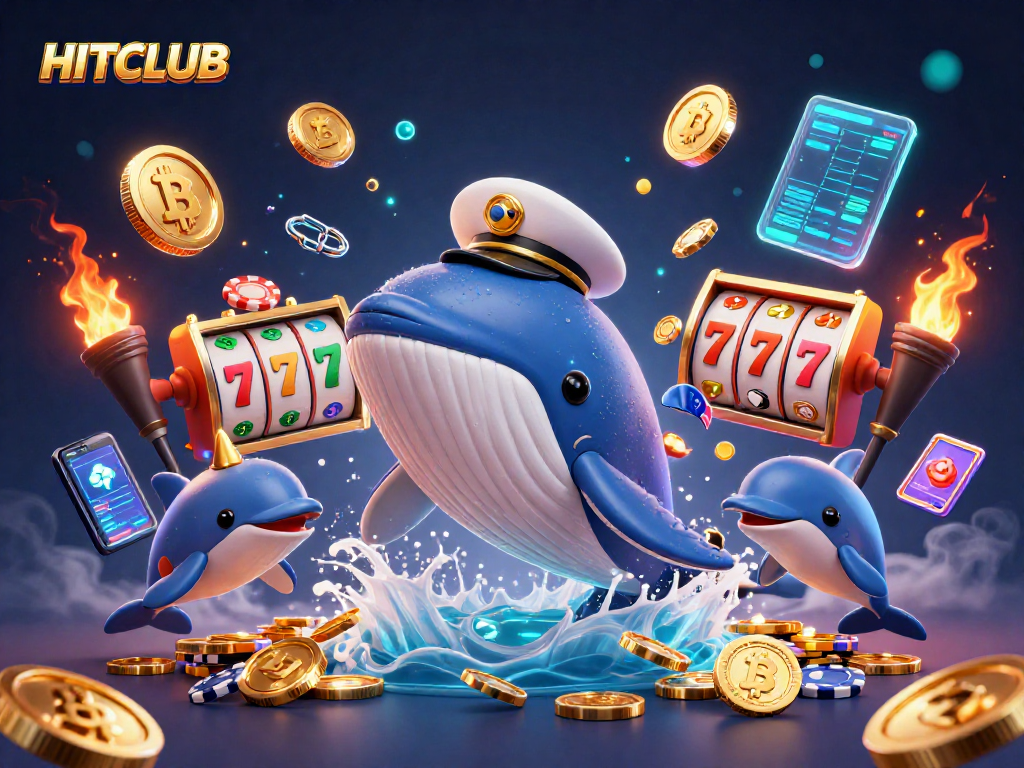 HITCLUB offers engaging gameplay with vibrant characters like a whale and dolphins amidst a sea of coins.