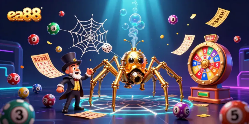 Play at ea88 with the 3D steampunk spider capturing dice, lottery balls, and casino elements.