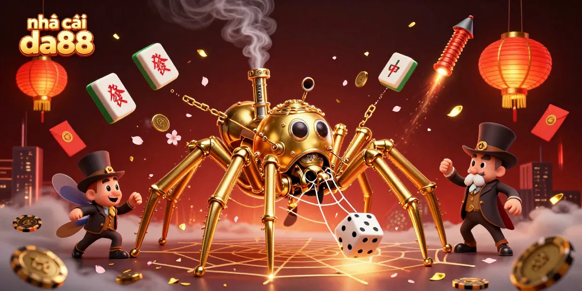 Engaging scene of nhà cái da88 with a whimsical golden spider, poker elements, and lucky charms in a vibrant casino atmosphere.