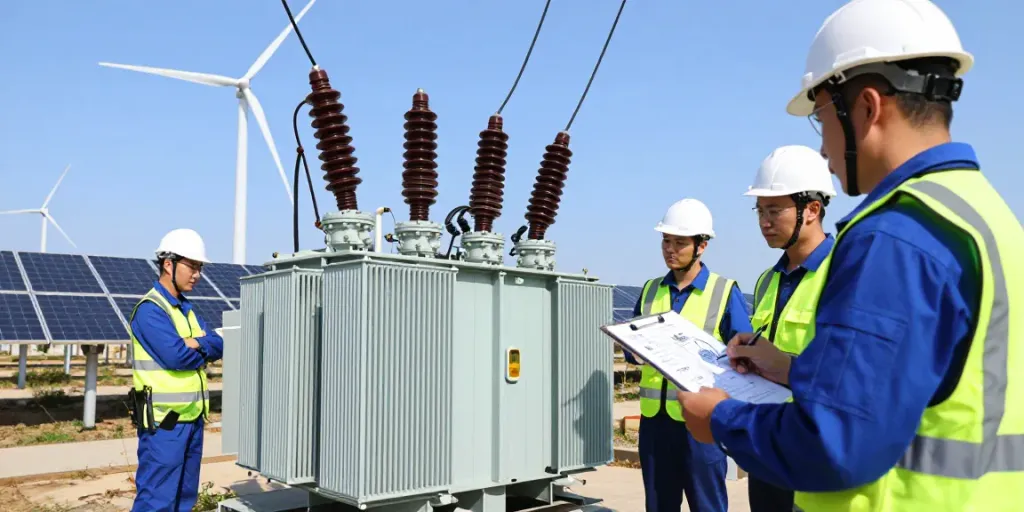 Professionals evalueren een MV-transformator op een duurzame energie-installatie.