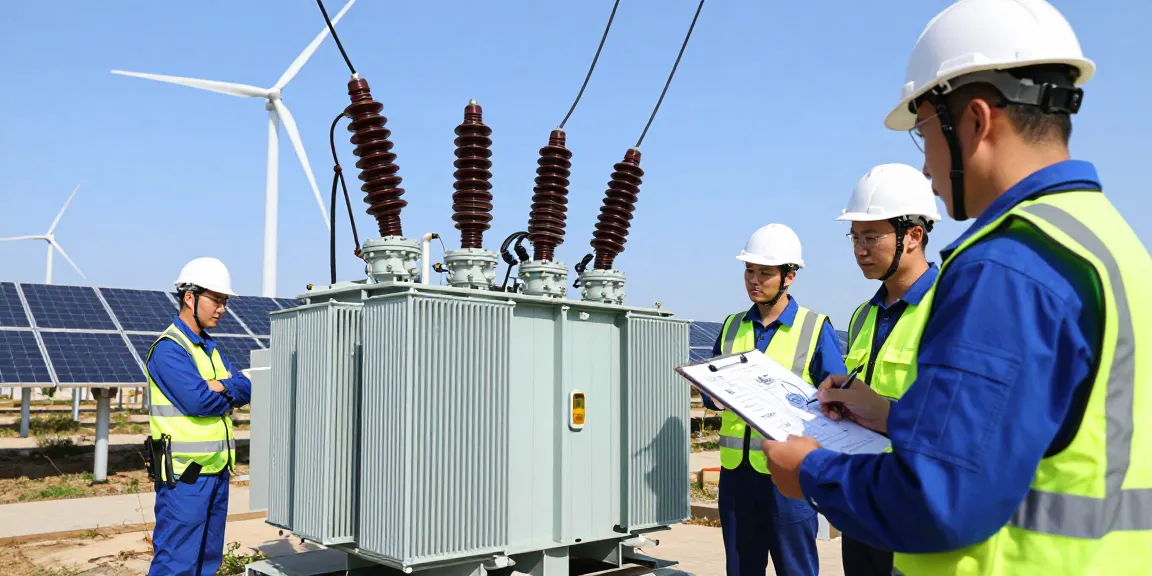 Professionals evalueren een MV-transformator op een duurzame energie-installatie.