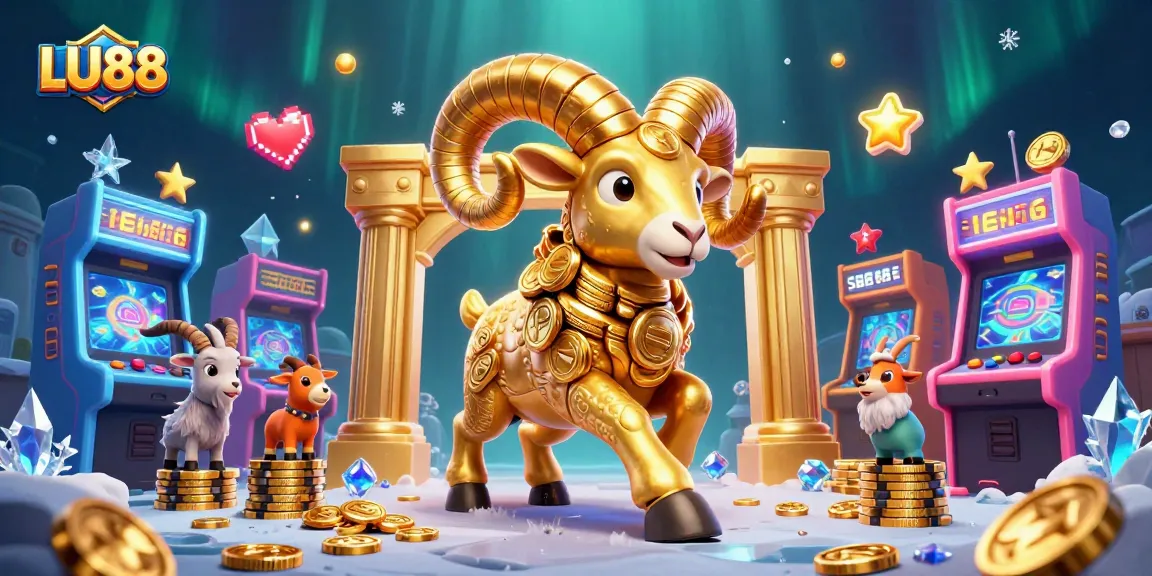 LU88 showcases a golden ram charging through a vibrant casino, inviting players to experience thrilling games.