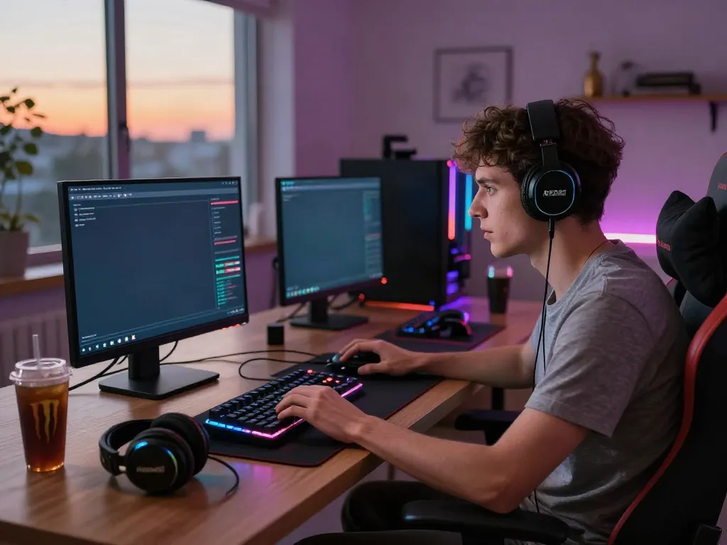 Engaged gamer at home using laptop for https://red88.limited/ gaming experience with colorful LED lights.