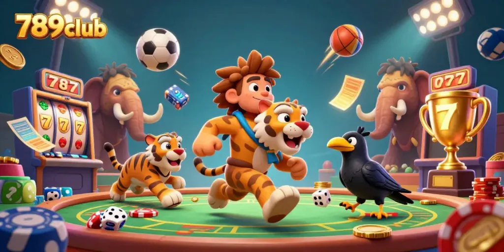 Action-packed scene showcasing a dynamic prehistoric casino with 789club themes, stone poker chips, and vibrant game elements.