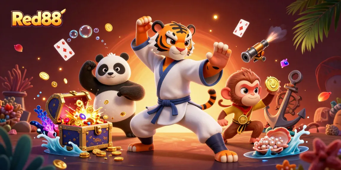 Experience the thrilling games at Red88, illustrated with vivid characters and dynamic casino elements.