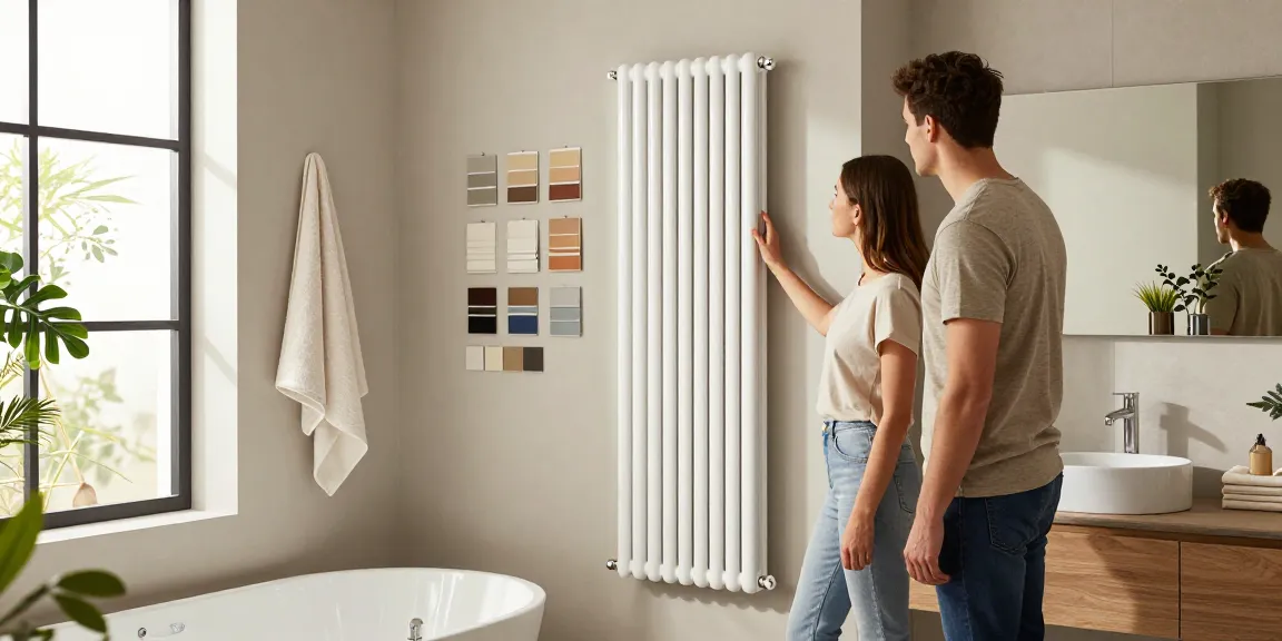 Stijlvolle design badkamer radiatoren in moderne badkamer, jonge koppels overleggen over inrichting.