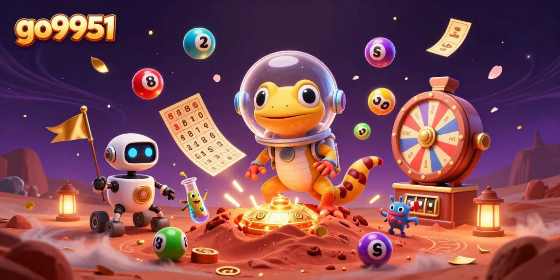 Play exciting games at go9951, featuring vibrant lottery balls and a charming Martian gecko.
