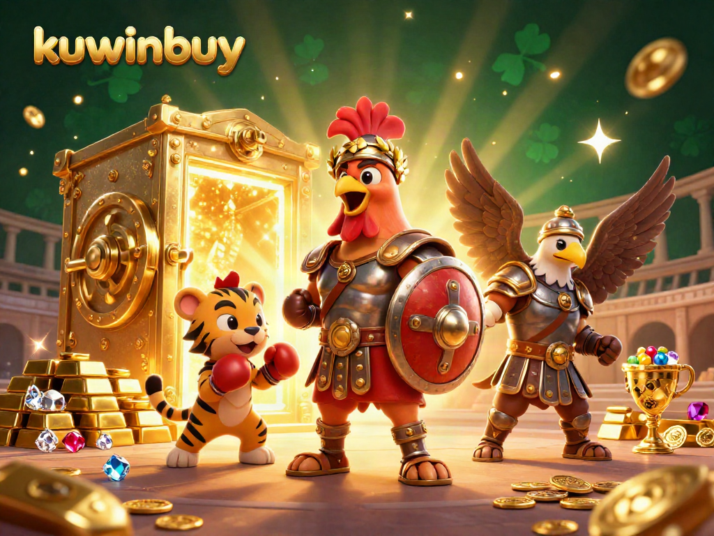 Engage with kuwinbuy’s vibrant casino adventure featuring an epic scene with characters and treasures.
