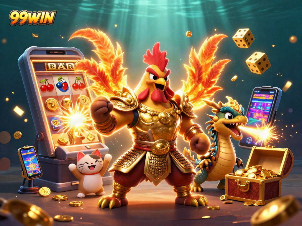 Experience thrilling jackpots and epic battles with 99WIN's vibrant and dynamic casino illustration.