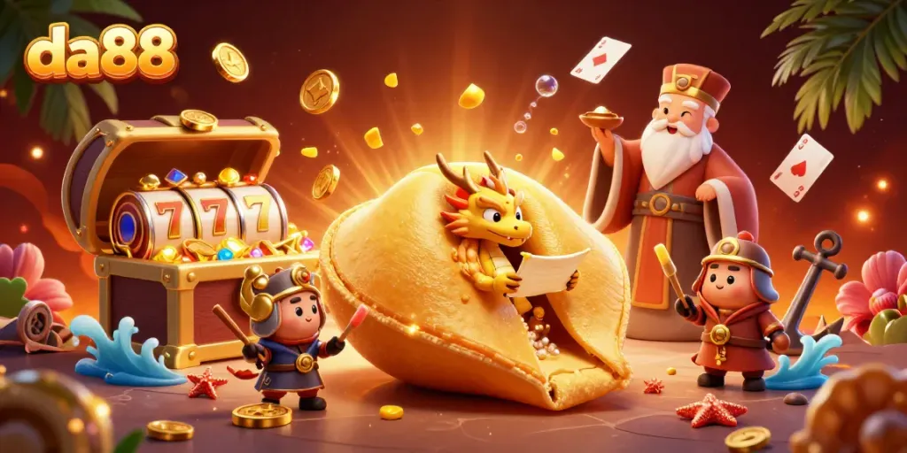 Experience da88 with a golden fortune cookie guarded by warriors amidst a casino scene filled with treasures and excitement.