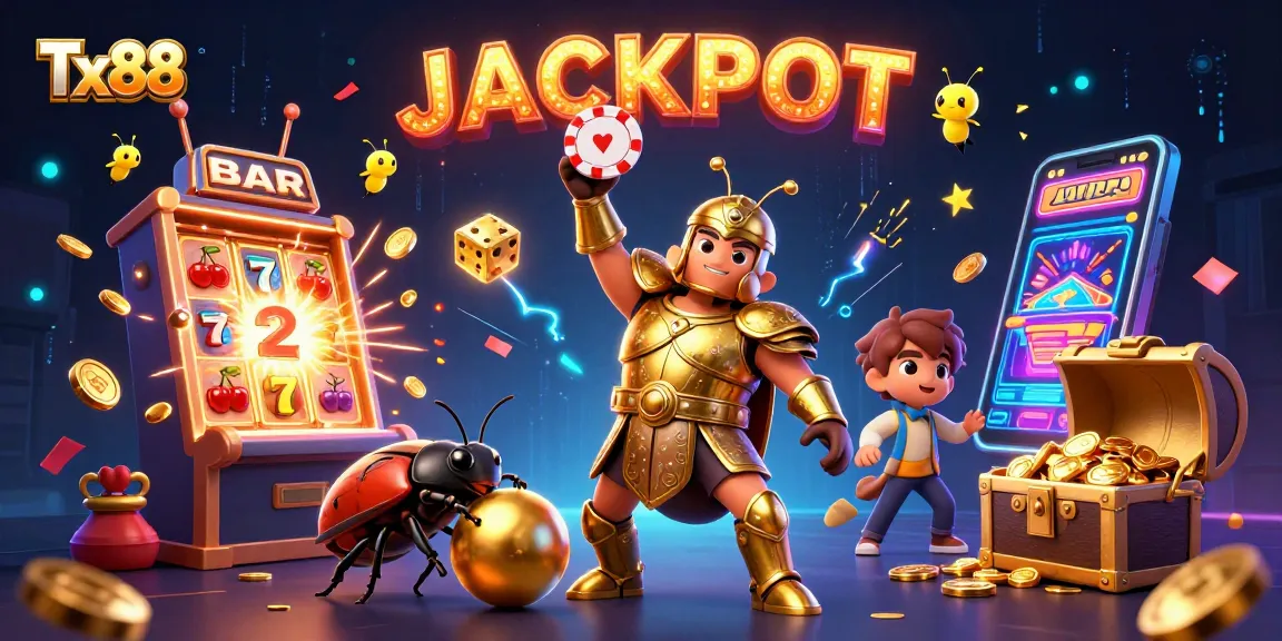 Tx88 showcases a victorious beetle with a poker chip amidst casino elements, highlighting exciting jackpots.